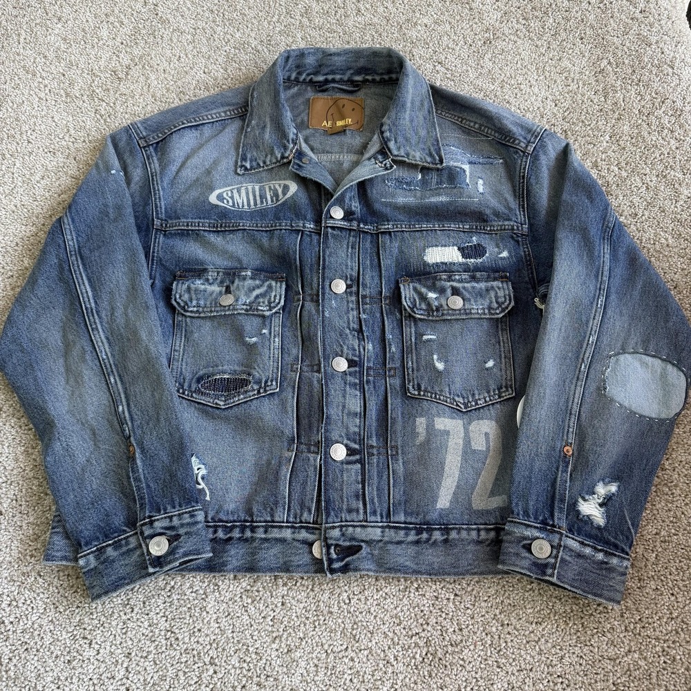 American Eagle Smiley Jacket Womens Large Blue Denim Distressed Graphic '72 NEW